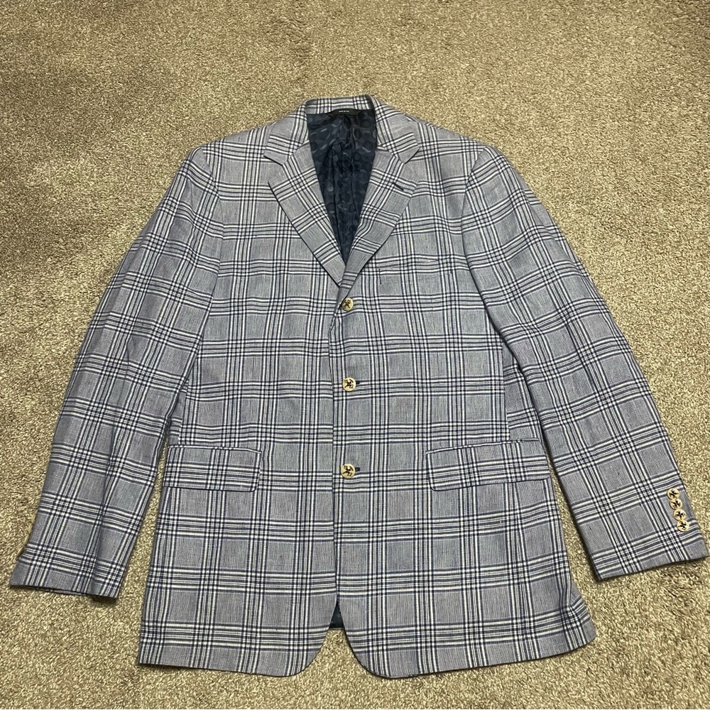 Men’s Allen Edmonds Plaid 3-Button Double Vent Linen Sport Coat Size 42 Long